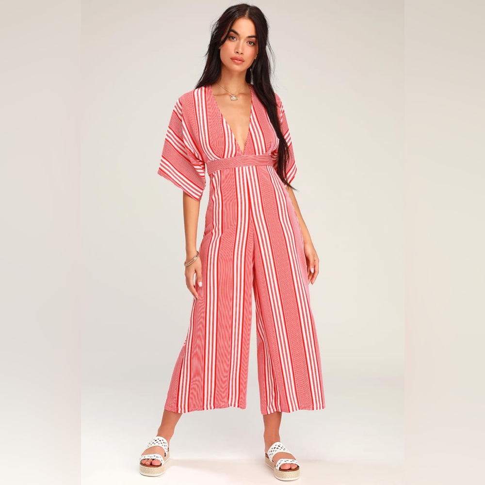 NWT Lulu’s Gone Coastal Red and White Striped V-Neck Wide-Leg Jumpsuit